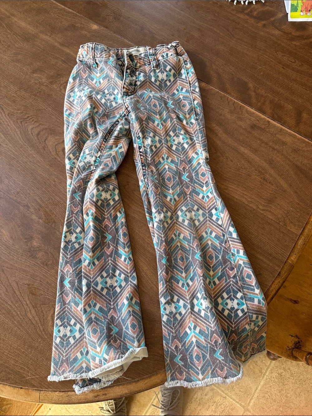 Girls Aztec Print Bell-Bottom Jeans - Teal, Brown & Cream